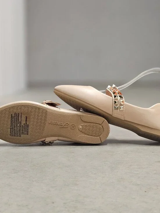 Studded Metallic Strap Beige Pointed-Toe Flats For Girls - Comfortable & Stylish - Picture 7 of 10